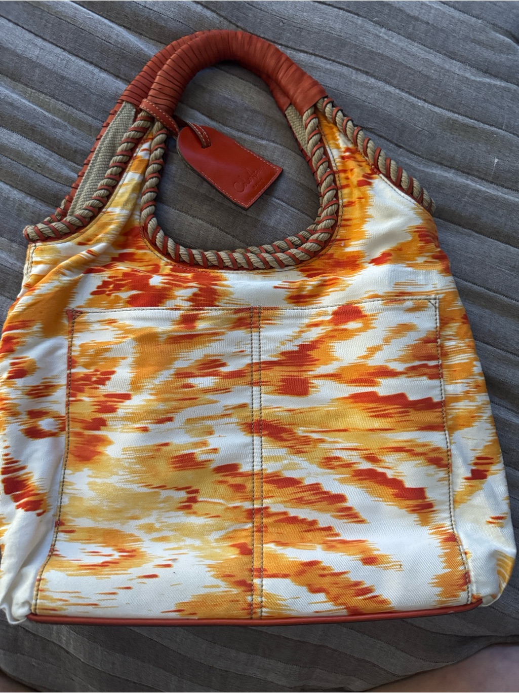 Cole Haan Gseries Vintage Orange & Yellow Printed Tote With Woven Trim Leather